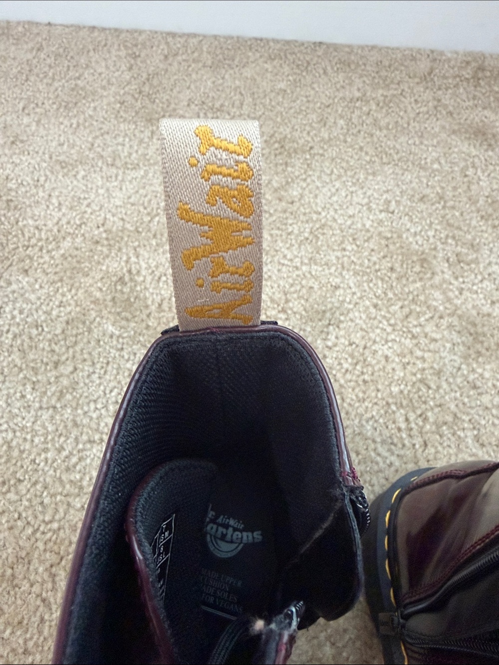 Dr. Martens Burgundy Lace-Up Platform Boots with Yellow Stitching - Picture 6 of 7